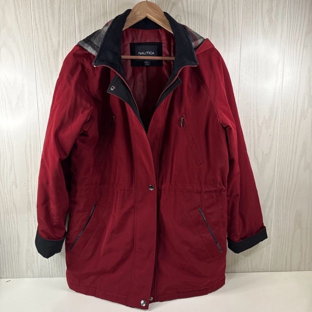 Nautica Women’s Hooded Winter Coat M Red Casual Full Zip Pockets Jacket - Picture 2 of 13